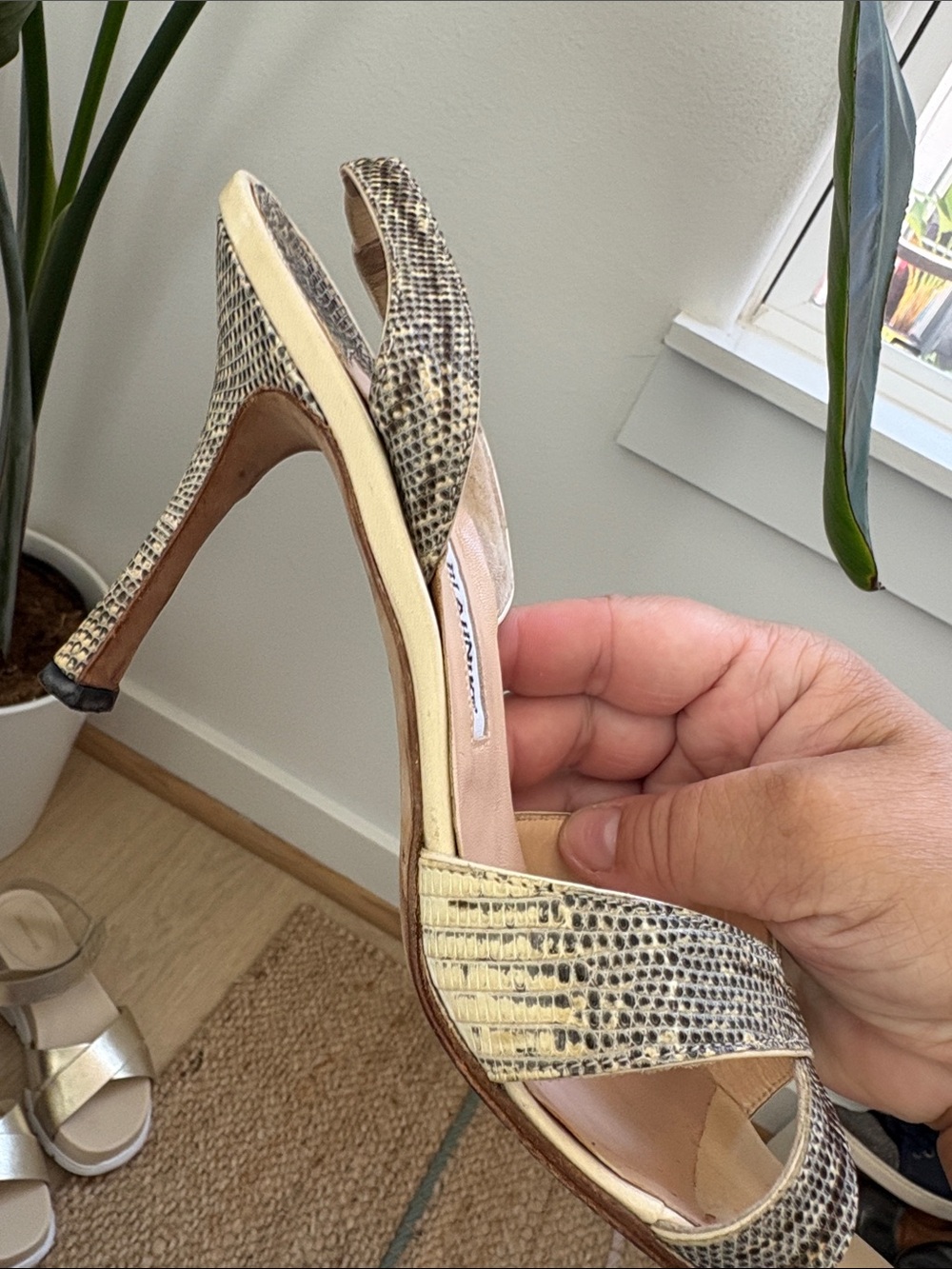 Manolo Blahnik Cream and Gray Textured Slingback Heels - Picture 7 of 7